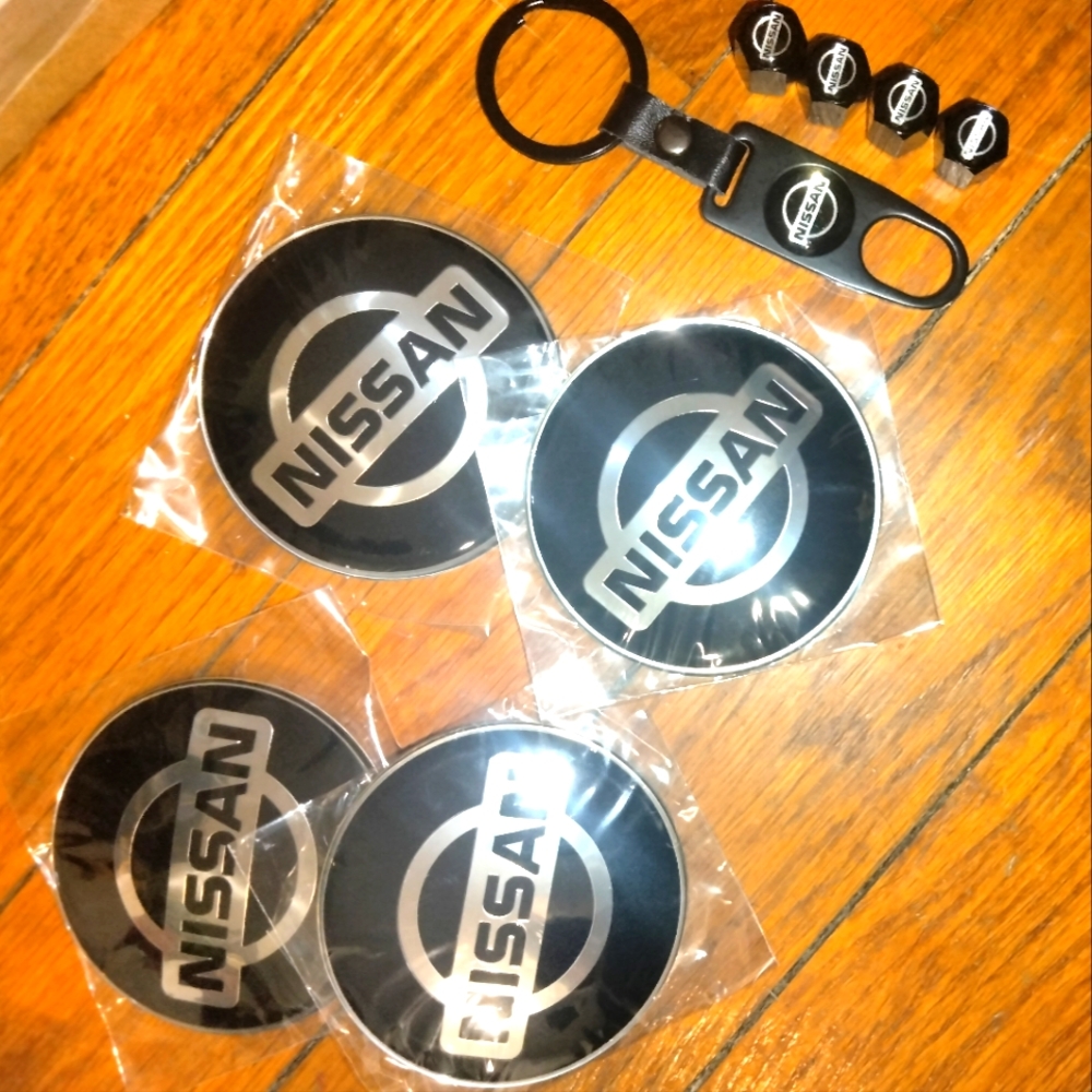 Nissan Vehicle Accessories Set -Hub Cap Adhesive covers - keychain- tire valves